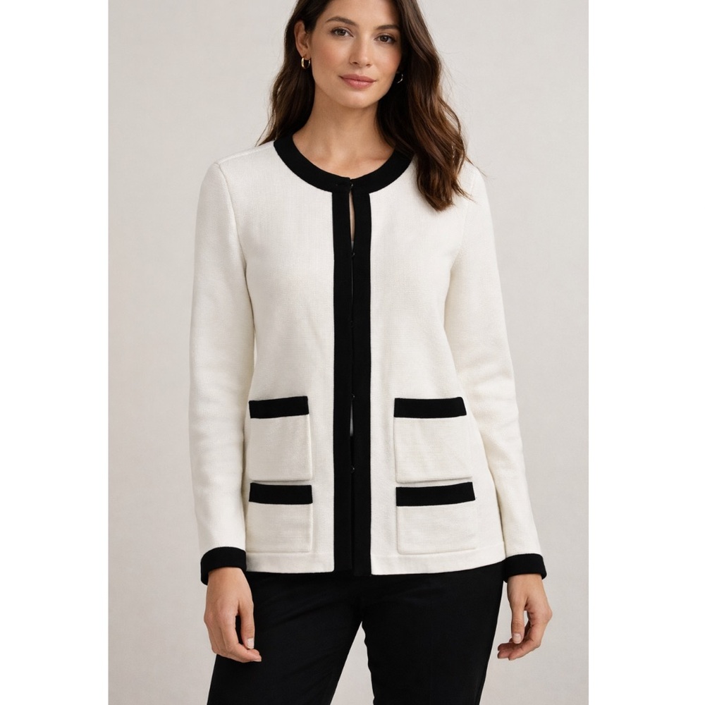 Talbots Ivory Black Trim Sweater Jacket Hook Eye Cardigan Knit X (XL)
